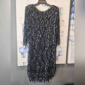 Vintage Scala Black Oil Slick 20s Style Sequin And Beaded Coctail Formal Dress